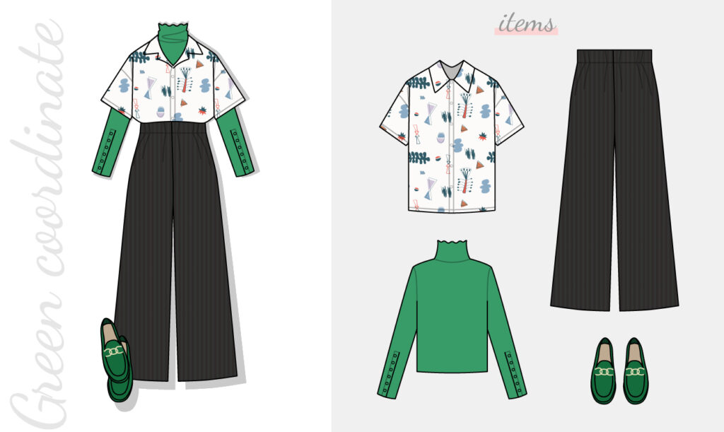 柄シャツグリーンコーデ